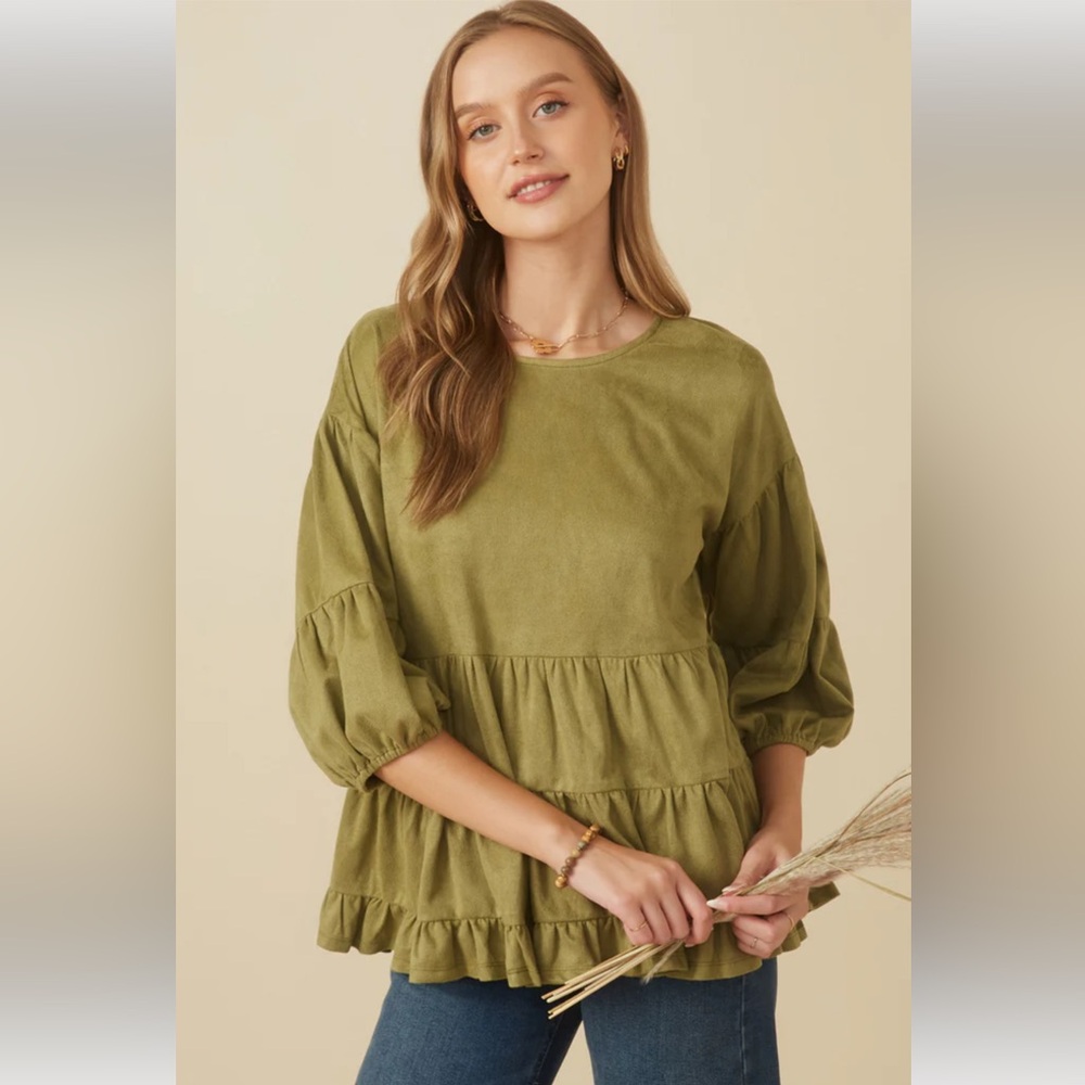 Hayden Vegan Suede Tiered Puff Sleeve Top in Olive NEW 1XL